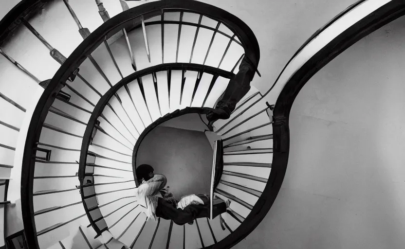 Image similar to frank ocean building a spiral staircase in the centre of the room, greyscale,