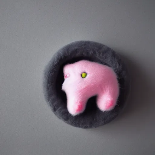 Prompt: stuffed pink kitty toy lost in gray fog