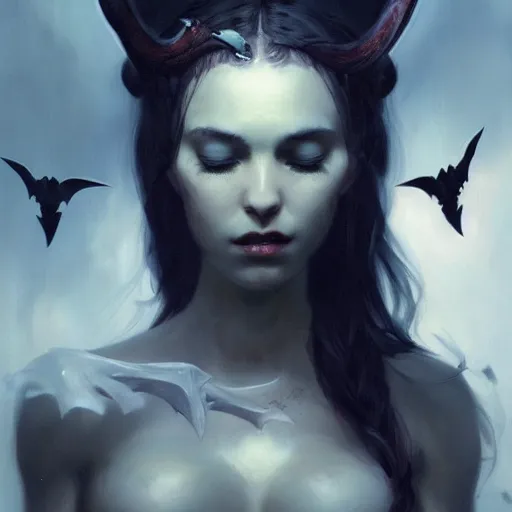 Prompt: a beautiful portrait of a succubus goddess with bats in the background and closed eyes by greg rutkowski and raymond swanland, trending on artstation, ultra realistic digital art