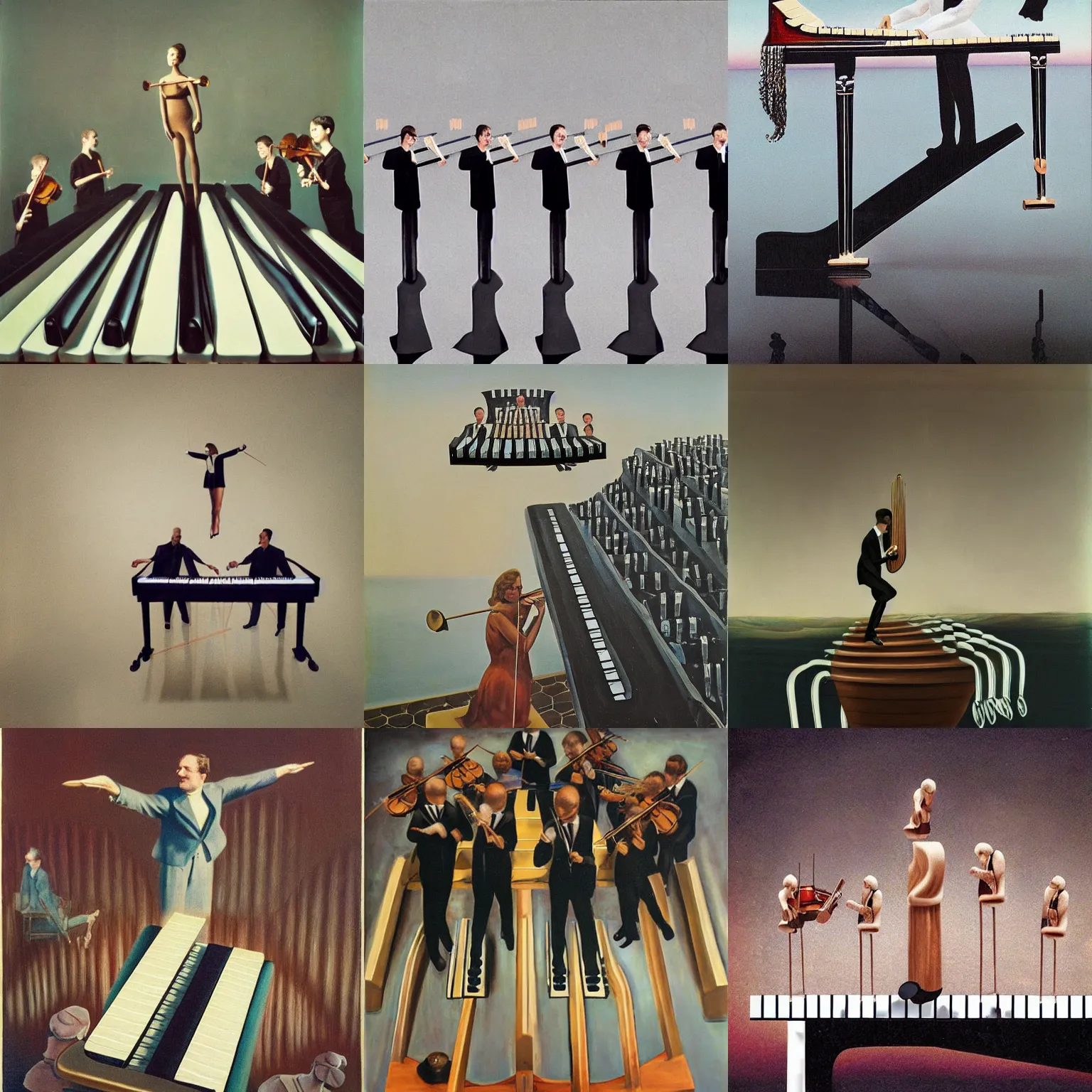 Prompt: an orchestra standing on floating piano keys, surrealism