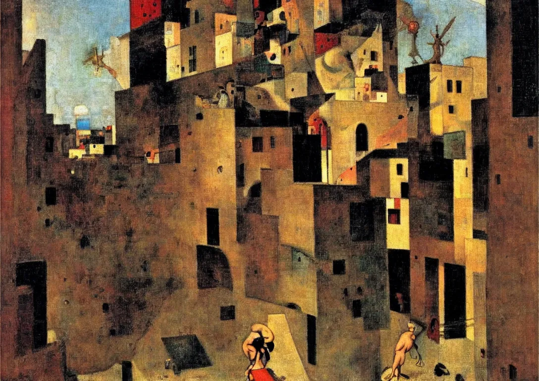 Image similar to a punk latino greek god following a watchful light through the streets of a city, muted color scheme, sparse detail, by george luks, joan miro and moebius