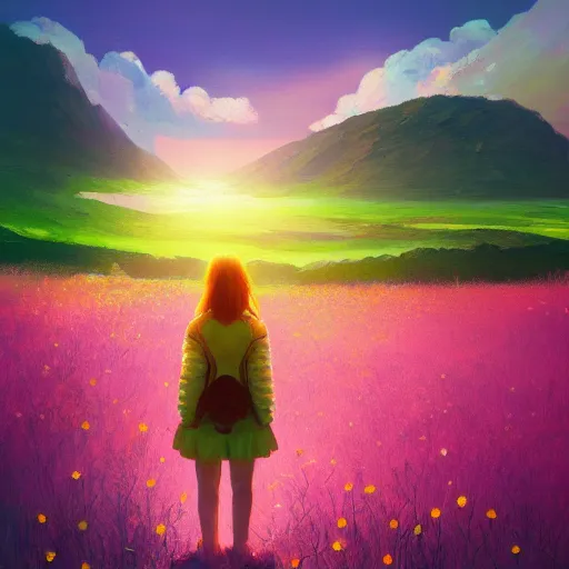 Image similar to giant daisy flower head, girl hiking in the mountains, surreal photography, sunrise, dramatic light, impressionist painting, colorful clouds, digital painting, artstation, simon stalenhag