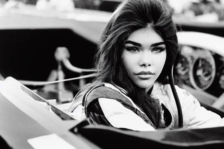 Prompt: a highly detailed, beautiful photo of a madison beer as a 1 9 7 0 s race car driver, at circuit de spa francorchamps, in the drivers seat of a formula one race car, symmetrical face, beautiful eyes, realistic, panoramic, tilt shifted camera, 8 k, award winning photo, motor sport photography,, natural lighting