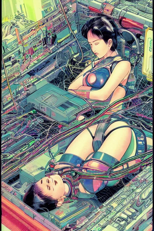 Image similar to an hyper-detailed cyberpunk illustration of a female android lying on a bed in a tech labor, with her head open showing cables and wires coming out, by masamune shirow, and katsuhiro otomo, japan, 1980s, dynamic, colorful, sparkles, lasers