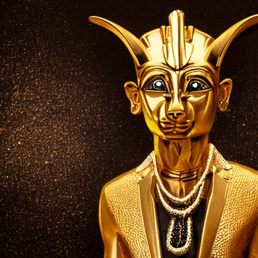 Prompt: portrait of the god Anubis wearing an office suit with a gold necklace, looking at the camera, black background, studio light