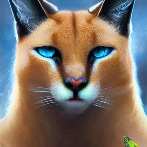 Prompt: portrait of a beautiful cute caracal with glowing blue eyes, dressed in a green top, flowing white hair, detailed face, fantasy, highly detailed, cinematic lighting, digital art painting by greg rutkowski, trending on artstation, very very beautiful, very attractive