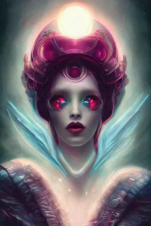 Prompt: a dramatic lighting photo of an elegant alien queen, vaporwave colors, goth vibe, kawaii vibe, moody aesthetic, artgerm, tom bagshaw, gerald brom,