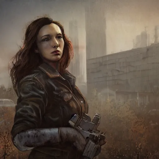 Prompt: fallout 5, charismatic beautiful rugged brunette female protagonist, portrait, outdoors ruined cityscape, atmospheric lighting, painted, intricate, volumetric lighting, beautiful, daytime, sunny, slight overcast weather, sharp focus, deep colours, ultra detailed, by leesha hannigan, ross tran, thierry doizon, kai carpenter, ignacio fernandez rios