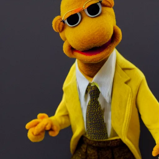 Image similar to gus fring as a muppet, yellow dress shirt. highly detailed felt. hyper real photo. 4 k.