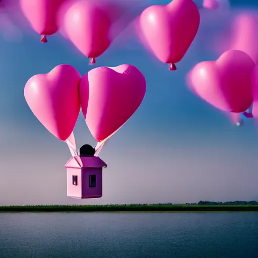 Prompt: a 5 0 mm lens photograph of a cute pink floating modern house, floating in the air between clouds, inspired by the movie up, held up from above by heartshaped ballons. mist, playful composition canon, nikon, award winning, photo of the year