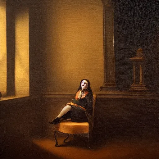 Prompt: a woman sitting on a chair inside of a dark, foreboding room, 1 7 0 0 s oil painting, dark art, vignette, bloom effect, cgsociety, artstation, 4 k, 8 k