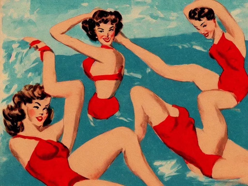 Image similar to 1950s vintage art of a beautiful model with dark curly hair and round blue eyes in a red swimsuit, high quality, highly detailed, vintage art, 1950s, vivid