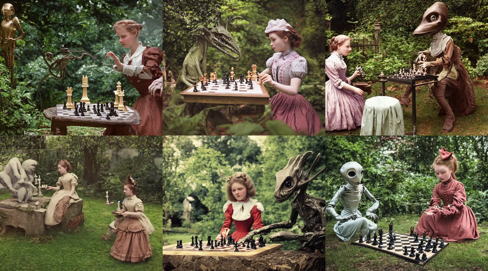 Prompt: detailed, sharp, a girl playing chess with her cute pet humanoid alien creature, wearing 1850s era clothes, in the garden of a house on an alien planet, extremely highly detailed, in focus faces, 70 mm film still from a period sci fi color movie, 4k, HD, cinematic lighting