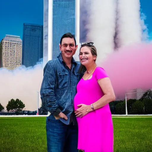 Image similar to a close up of a smiling couple of parents to be, in front of 9 / 1 1 with pink smoke, clear details, award winning