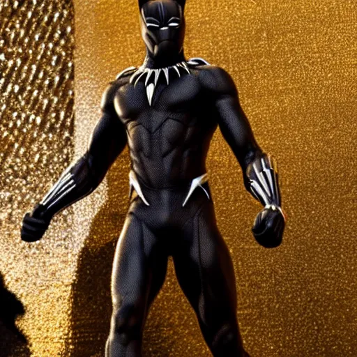 Image similar to a close up photo of a detailed golden statue of Black Panther, 8K,