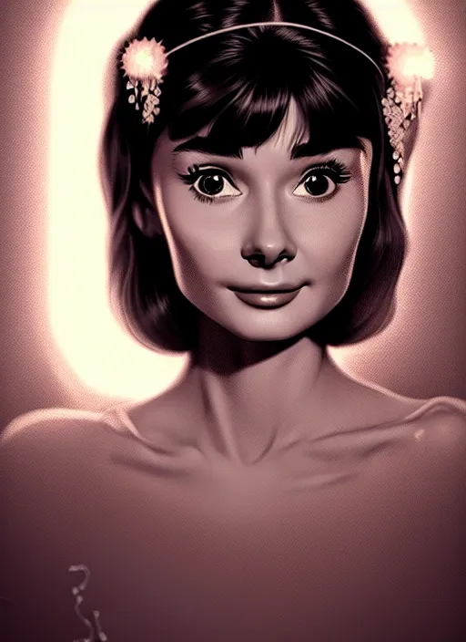Prompt: portrait of young audrey hepburn with bangs, 1 9 7 0 s, long hair, groovy hairband, bangs, intricate, elegant, glowing lights, highly detailed, digital painting, artstation, concept art, smooth, sharp focus, illustration, art by wlop, mars ravelo and greg rutkowski