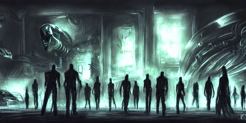 Image similar to aliens in black handing over artifacts to a politician, night scene, inspired by yoshitaka amano, concept art