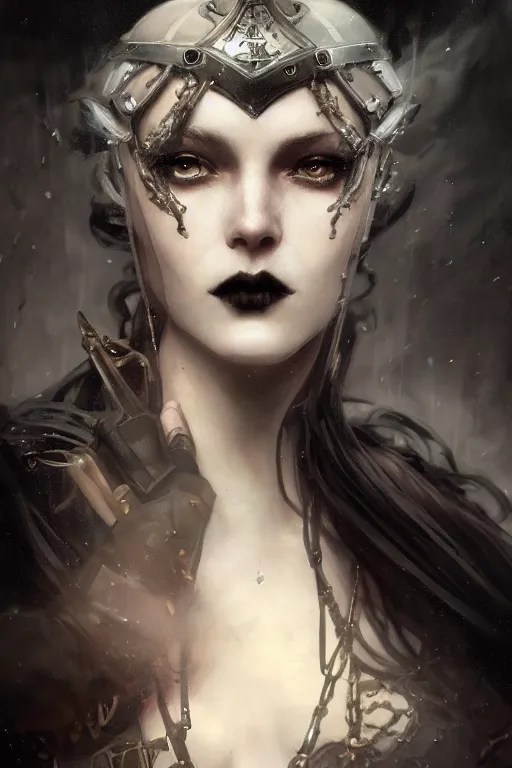 Image similar to beautiful and gothic and sinister and luxury and dieselpunk young medieval female knight portrait +smoky eyes+front face with light flowing hair, ultradetail face, art and illustration by tian zi and craig mullins and WLOP and alphonse mucha, fantasy, intricate complexity, human structure, human anatomy, fantasy character concept, watermark, blurry, hyperrealism 8k