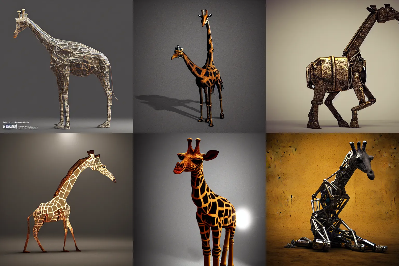 Prompt: a giraffe made of scrap metal, cyberpunk, 3d render, photorealistic, studio lighting