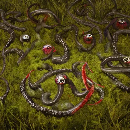 Prompt: voidless of the festival!, The Graveyard, blood moon tentacles!!, outsider art!!!, The ego separates by Wojciech Siudmak!!!!, large group of crabs and worms, crawling along a bed of moss, low poly, creeper world, handcrafted, artstation, hyperrealistic, hard light, best practices, creeptastic, photorealism, macro perspective, cuddly