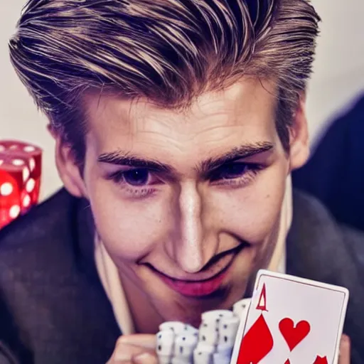 Image similar to closeup of handsome gigachad XQC gambling