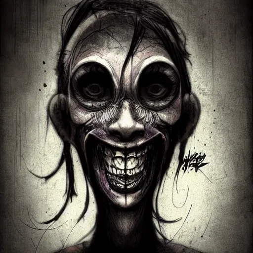 Prompt: grunge cartoon sketch of a human monster mix with a wide smile by - michael karcz, loony toons style, horror theme, detailed, elegant, intricate