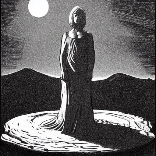 Prompt: A beautiful art installation of a small figure standing in the center of a dark, foreboding landscape. The figure is surrounded by strange, monstrous creatures, and there is a feeling of unease and dread. 1960s by Al Feldstein, by Frederick Lord Leighton spontaneous, muted