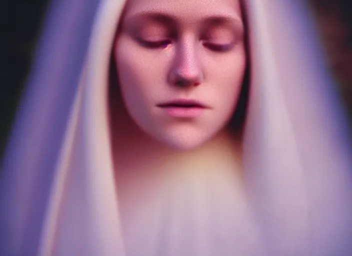 Image similar to kodak portra 4 0 0, 8 k, soft light, volumetric lighting, highly detailed, britt marling style 3 / 4, haunting portrait photo of the virgin mary, highly detailed face, inspired by ophelia paint, glowing halo, of light, realistic, refined, beautifully detailed, natural outdoor soft pastel lighting colors scheme, outdoor fine art photography, hyper realistic, photo realistic