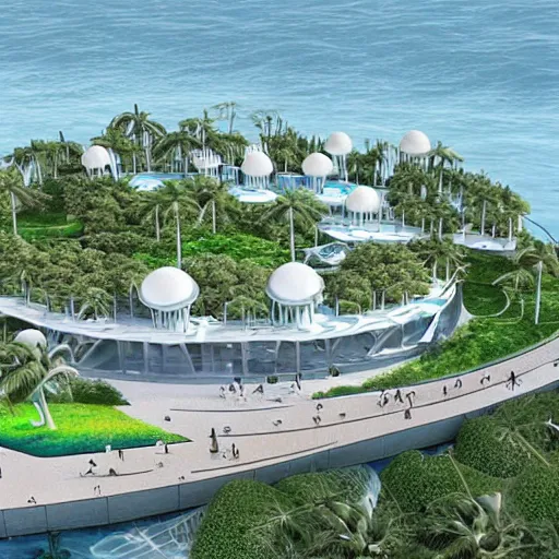 Image similar to architectural renderings, a seaside visitor center consisting of three mushroom - shaped buildings on the blue sea with tall coconut trees ， detailed