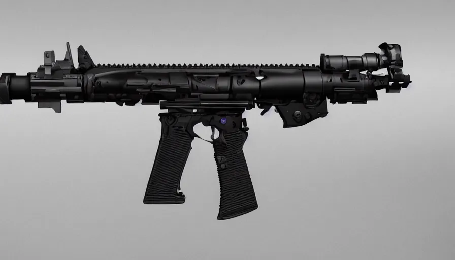 Prompt: extremely detailed realistic side view of a sci fi bullpup assault rifle, detailed pistol trigger, chemically propelled, massive battery, tubes and wires, caseless ammo, side fed, railgun, chemrail, gauss, elegant sleek smooth body, white paint, sleek utopian design, ultra high quality, realistic, octane, call of duty, warframe, terminator