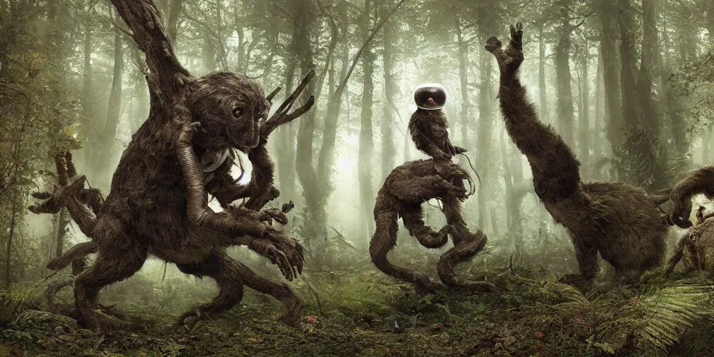 Image similar to an astronaut next to a strange furry six legged creature in a forest, a detailed matte painting by frieke janssens, featured on cgsociety, fantasy art, matte painting, reimagined by industrial light and magic, matte drawing