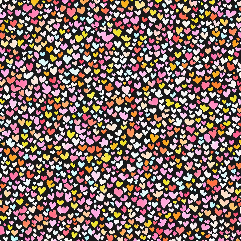 Prompt: camo made of hearts and smiling, abstract, jet set radio artwork, cryptic, dots, spots, stipple, lines, splotch, color tearing, pitch bending, faceless people, dark, ominous, eerie, hearts, minimal, points, technical, old painting, neon colors, folds