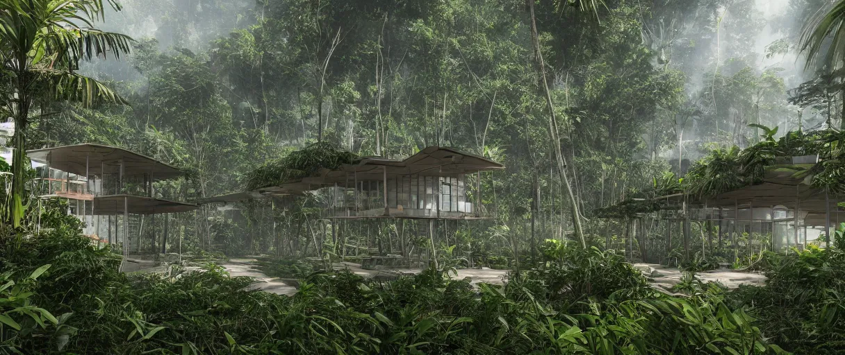 Image similar to architecture inspired by renzo piano deep in the rainforest. nature is taking over. matte painting. unreal engine 5 render. hdr. volumetric lighting. global illumination. atmospheric.