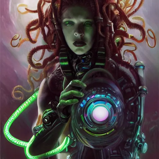 Image similar to medusa as a cybernetic being by raymond swanland, highly detailed, bright tones