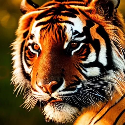 Prompt: Photo of a tiger at golden hour, backlight, portrait, national geographic, close up, 85mm lens