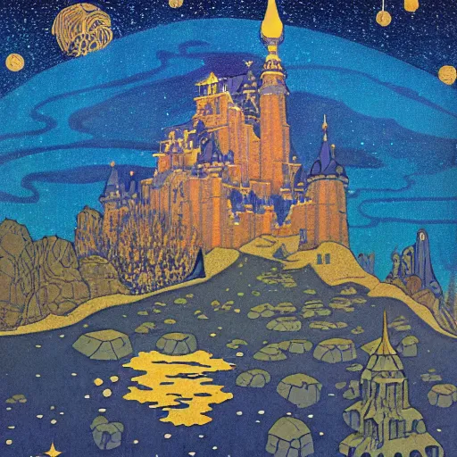 Prompt: stone castle, starry sky detailed ivan bilibin and edmund dulac and ilya kuvshinov and katsuhiro otomo inspired print