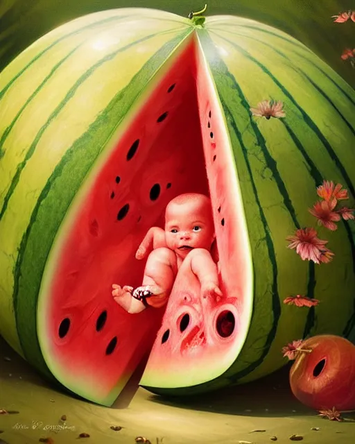 Prompt: an baby living inside a giant watermelon womb, watermelon amber, watermelon womb, highly detailed, digital painting, artstation, concept art, smooth, sharp focus, illustration, art by artgerm and greg rutkowski and alphonse mucha