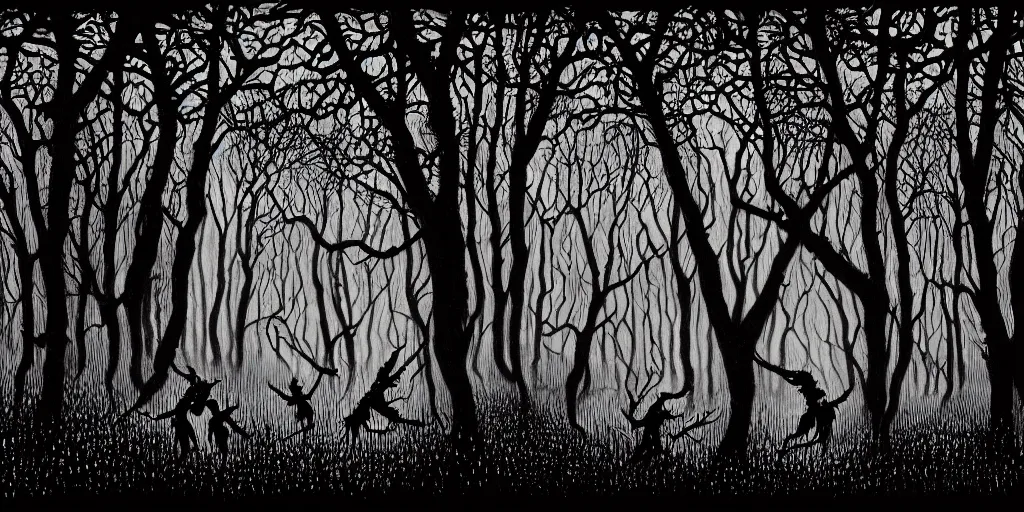 Image similar to masterpiece demons, vampires and witches dancing in the scary woods at dusk, by jeffrey smith and stanley donwood. volumetric lighting, photorealistic, intricate, trending on artstation 8 k