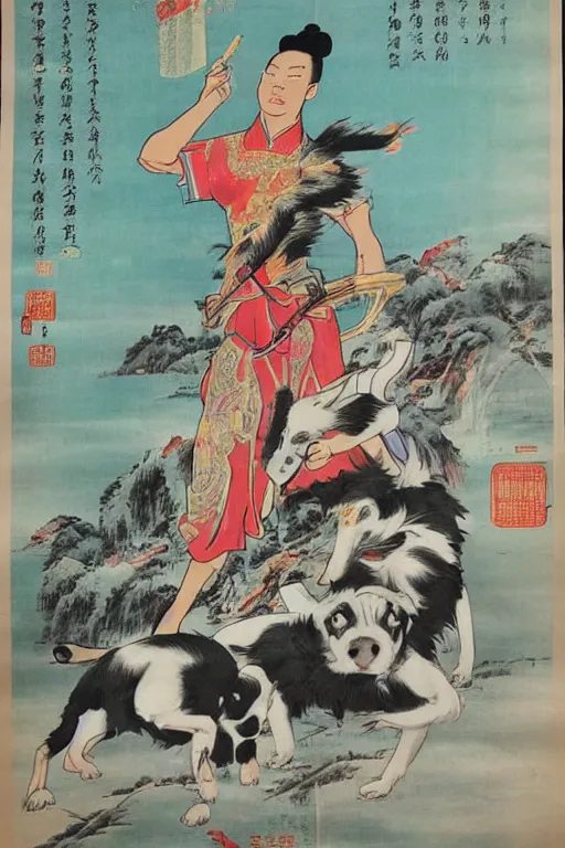 Prompt: chinese propaganda poster with dog as a god as the centerpiece, detailed face, gorgeous, amazing, flowing hair, very muscular male body
