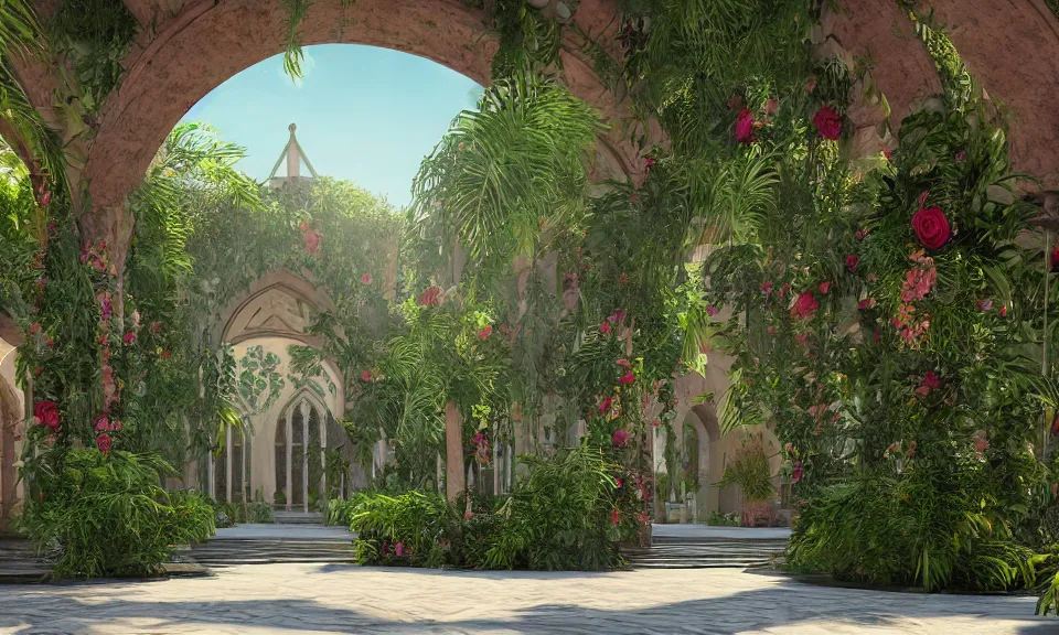 Image similar to cathedral interior with koi pond in the middle surrounded by palm trees, ivy, flowers, tropical plants, roses, and with archways. rendered in octane render with photorealistic lighting