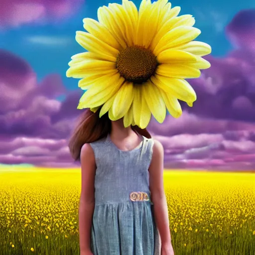 Image similar to giant daisy flower for a head, portrait of girl in flower field, holding daisy, surreal photography, sunrise, impressionist painting, colorful clouds, digital painting, artstation, simon stalenhag, flower face