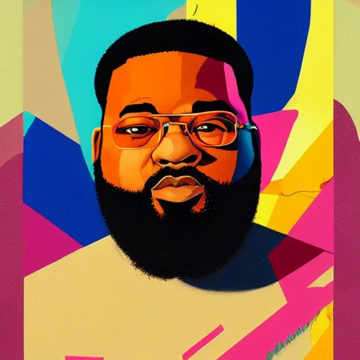 Image similar to Painting of Rick Ross by Sachin Teng :4 , asymmetrical, Matte Painting , smoke, geometric shapes, marijuana, hard edges, energetic, graffiti, street art:2 Masterpiece, high detail, by Sachin Teng:4