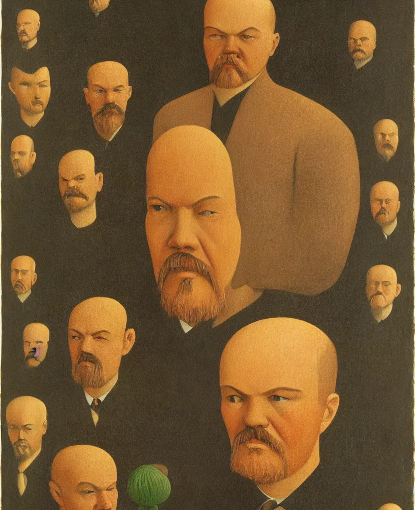 Prompt: The portrait of Vladimir Lenin as a humanoid fungi. Painted by Grant Wood