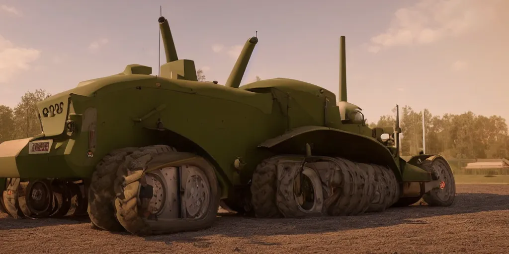 Image similar to a cute little tractor pulling a huge military tank, highly detailed, photorealistic portrait, bright studio setting, studio lighting, crisp quality and light reflections, unreal engine 5 quality render