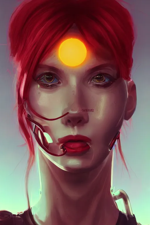 Image similar to portrait of a cyberpunk woman eating a small sun that is glowing, implants, red hair, cocept art, artststation, beautiful