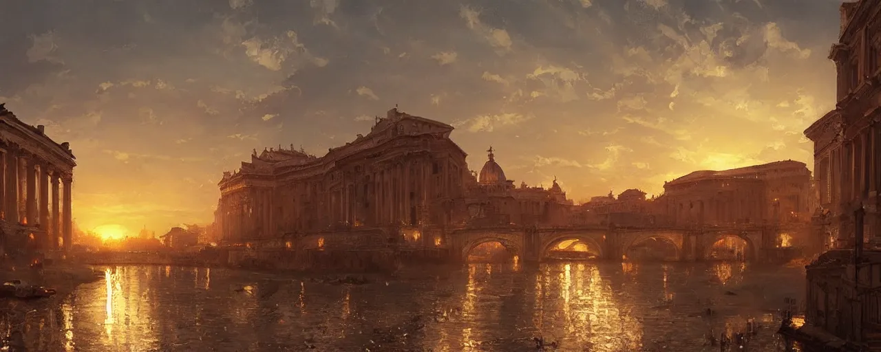 Prompt: oil painting of rome skyline at sunset, natural light, concept art, by greg rutkowski, cozy atmospheric and cinematic lighting