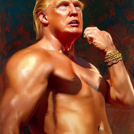 Image similar to detailed realistic cinematic wide shot of beautiful attractive muscular donald trump with gold chain wearing blue bath robe slim face symettrical face clean skin black eyes black robe smooth, sharp focus, ultra realistic, spring light, painting by gaston bussiere, craig mullins, j. c. leyendecker