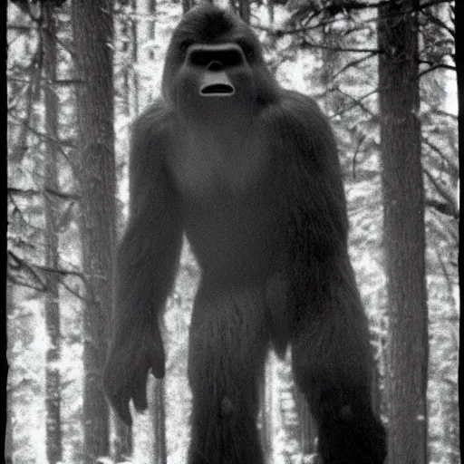 Prompt: 80s polaroid photo of bigfoot in the woods, profile view, very grainy, damaged film, candid flash photography