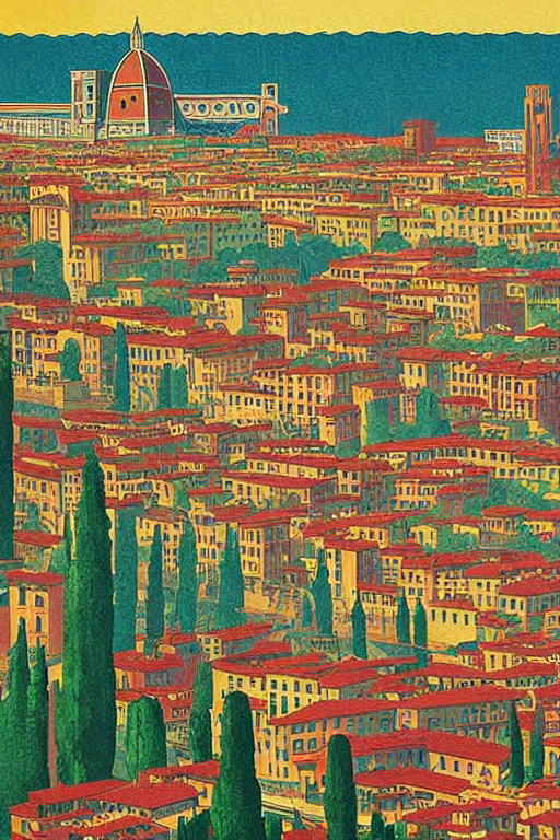 Prompt: resplendent art deco hi res print of Florence, Italy by Hasui Kawase and Lyonel Feininger