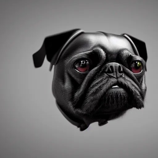 Image similar to 3 d rendered hyper realistic hyper detailed black pug wearing a pug - shaped darth vader helmet, octane render, blender, 8 k